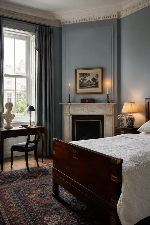 Georgian Blue Bedroom with Marble Fireplace