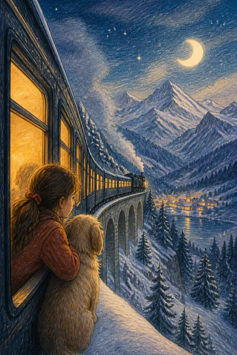 Night Train through Snowy Mountains in Colored Pencil