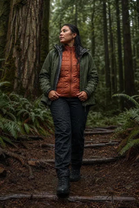 Layered Rain Gear on a Forest Trail