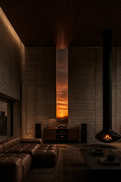 Dark Sunken Lounge with a Suspended Fireplace