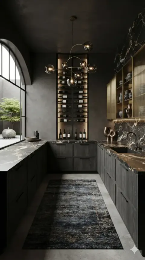 Charcoal Kitchen With Brass Wine Display