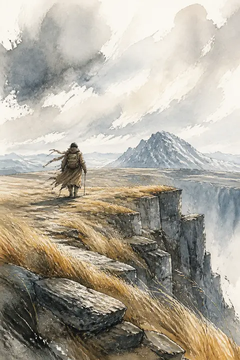 Traveler Crossing a Windy Plateau in Ink and Watercolor
