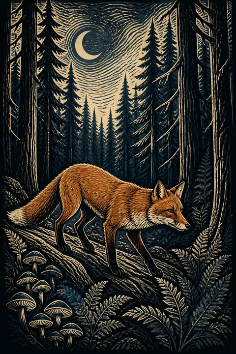 Red Fox Beneath a Moonlit Pine Forest
