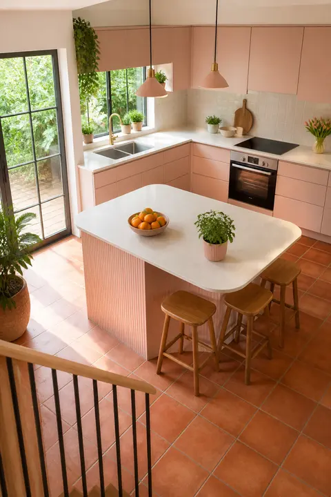 Blush Pink Kitchen with Terracotta Floors