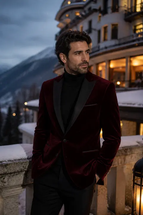 Burgundy Velvet Tuxedo for a Winter Gala