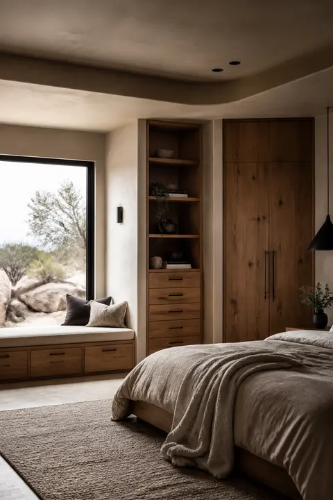 Window Seat Storage in Desert Modern Bedroom