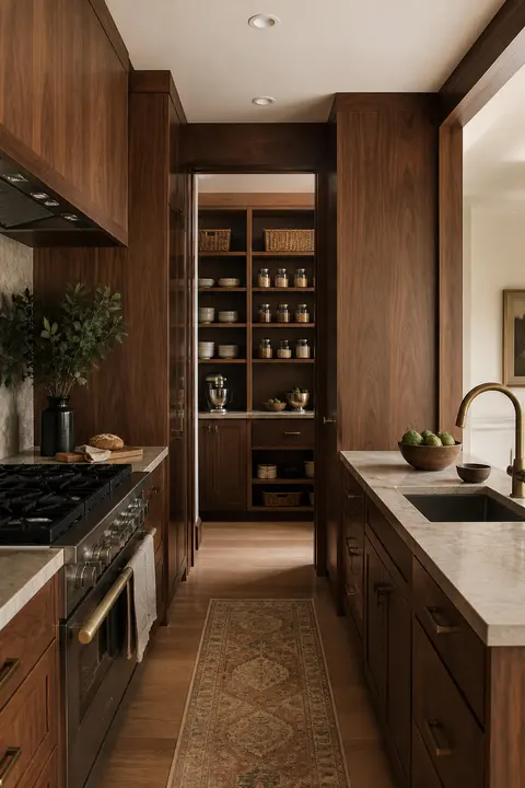 Walnut Modern Kitchen with Compact Galley and Pantry
