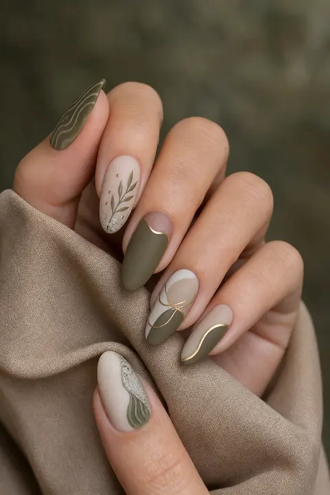 Matte Olive Contour Medium Almond Nail Design