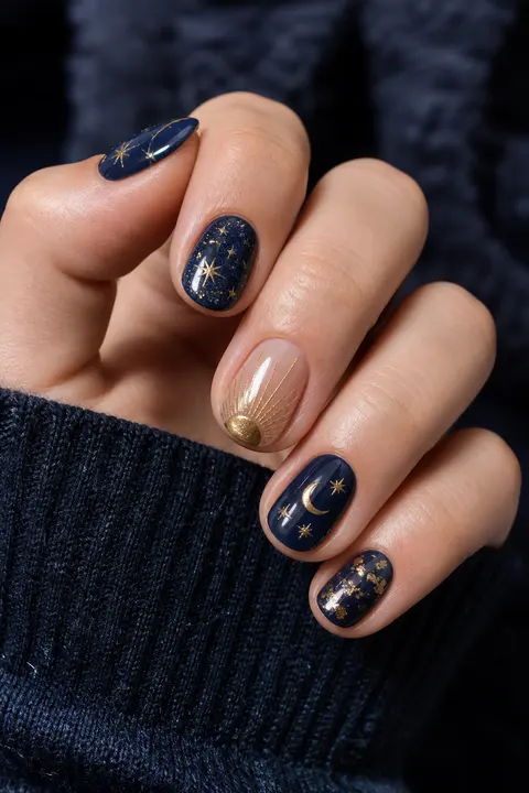 Navy and Gold Celestial on Short Natural Round Nails