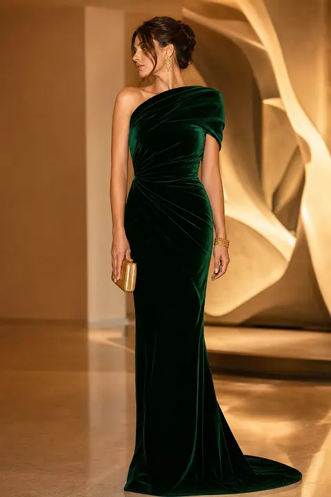 Emerald Velvet One-Shoulder Gala Gown