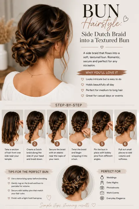 Side Dutch Braid Bun Hairstyle with Textured Low Bun