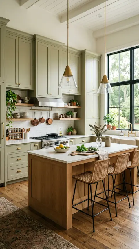 Modern Sage Green Kitchen Design Ideas With Island