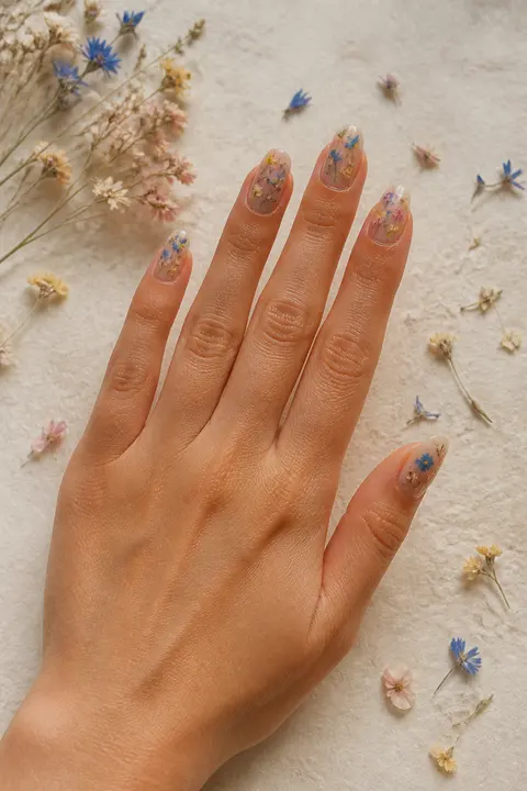 Pressed Flower Nail Art on Sheer Oval Nails