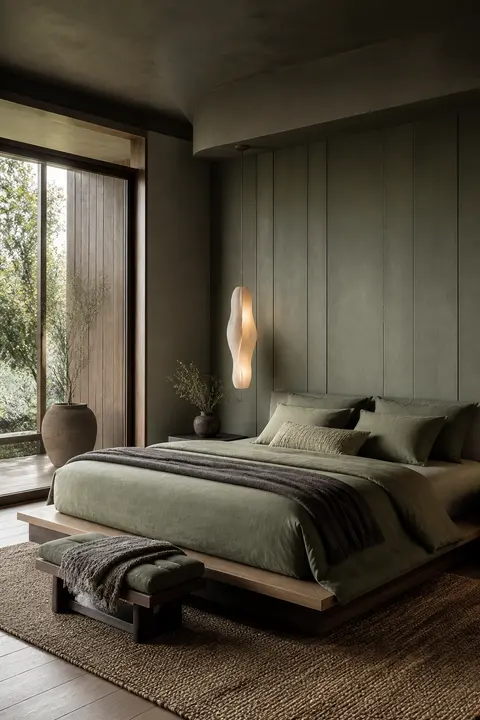 Serene Sage Bedroom with Platform Bed and Pendant