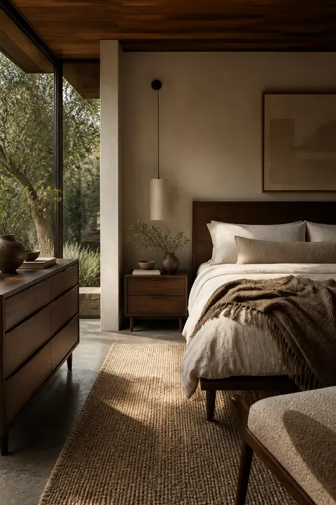 Mid-Century Walnut Bedroom: Linen Bedding and Rug