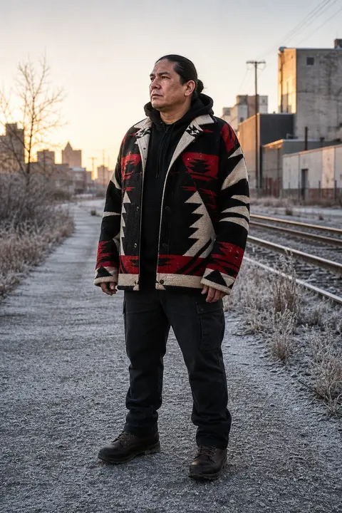 Patterned Blanket Jacket by the Railroad