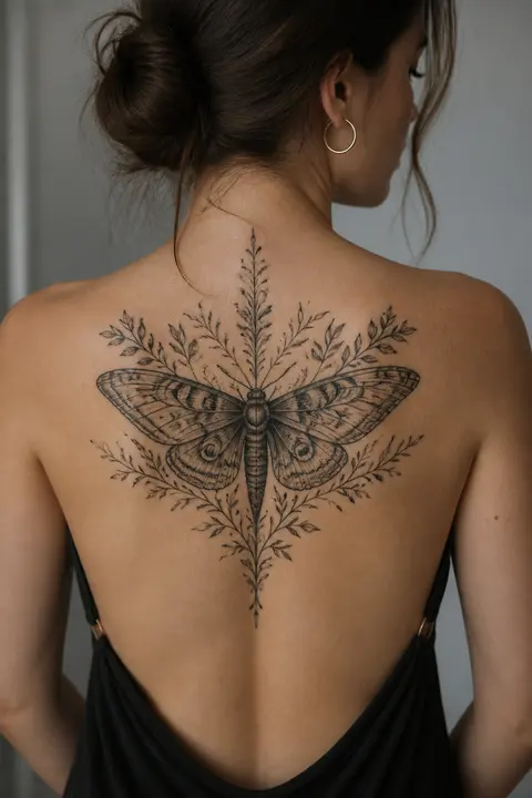Upper Back Placement — Engraving-style Moth Tattoo