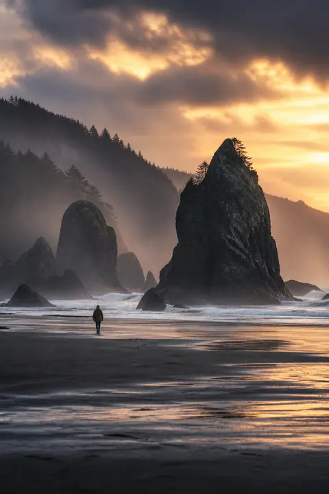 Sea Stack Beach at a Fiery Sunset