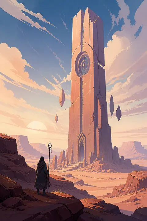 Dreamlike Desert Monolith — Cel-Shaded Art