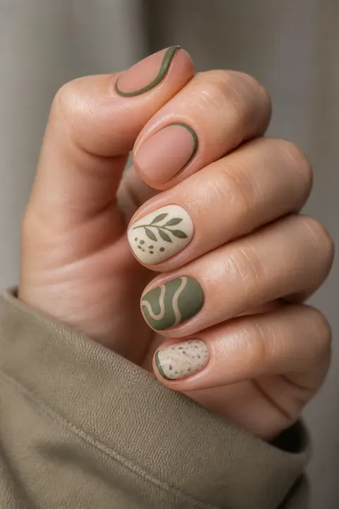 Matte Olive Contour on Short Natural Round Nails