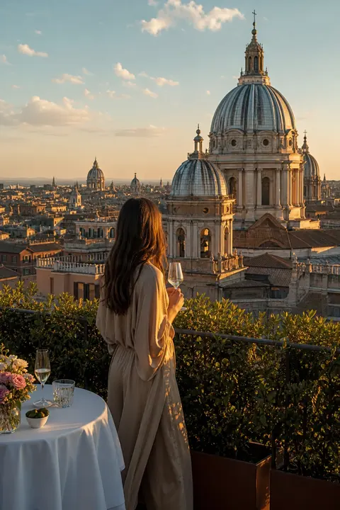 Golden-Hour View of Rome Rooftop Overlooking Domes