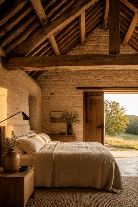 Converted Stone Barn Bedroom with Oak Beams