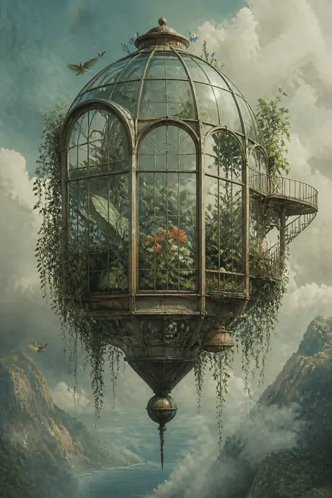 Surreal Floating Greenhouse in Digital Collage
