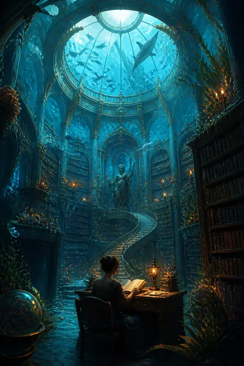 Painterly Concept Art: Underwater Library