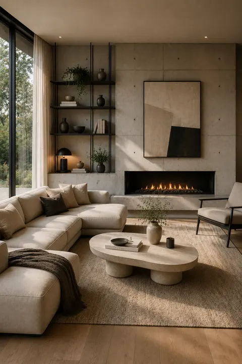 Modern Living Room with Concrete and Soft Neutrals