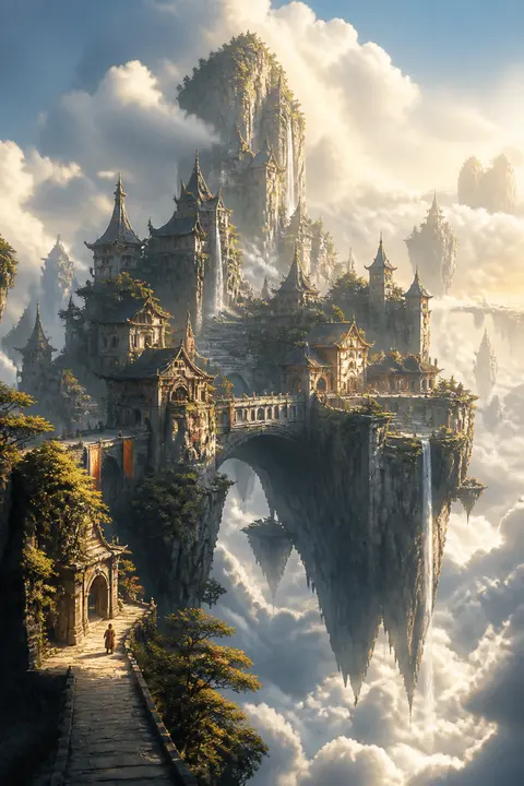 Matte Painting of Fantasy Cloud Village