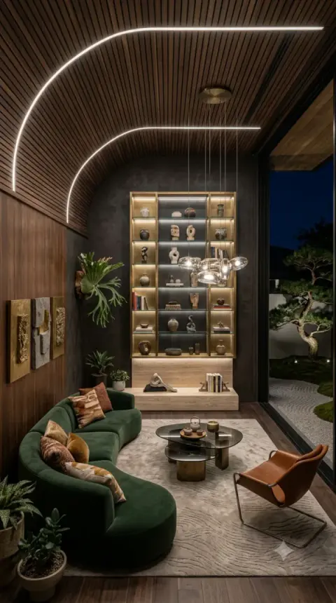 Curved Green Sofa Living Room With Zen Garden View