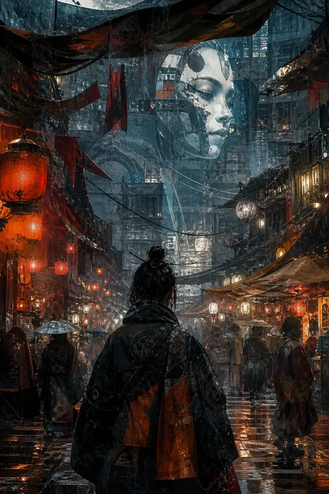 Digital Collage of Cyberpunk Rainy Market