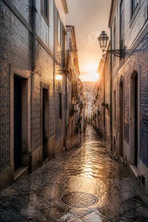Lisbon Tiled Alley at Sunrise in Rainy Weather