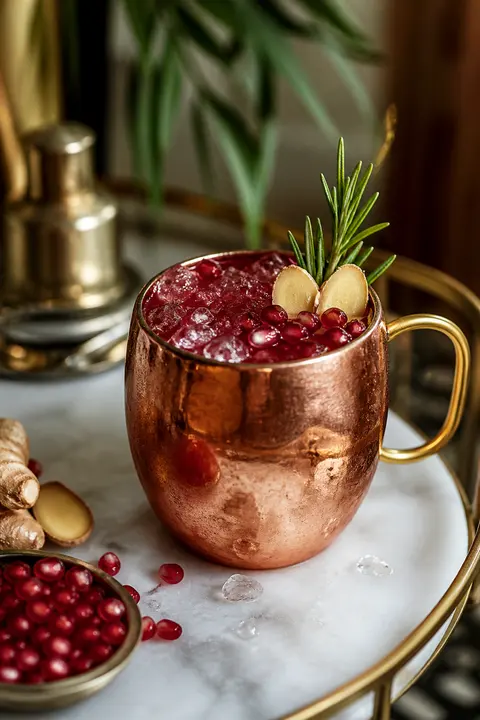 Pomegranate Ginger Mule on a Minimal Home Bar Cart