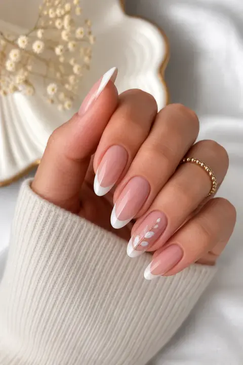 Delicate Leaf French Tip Nails