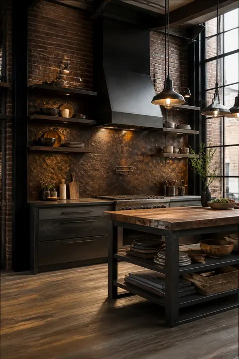 Brick & Steel Kitchen Featuring Open Shelves and Backsplash