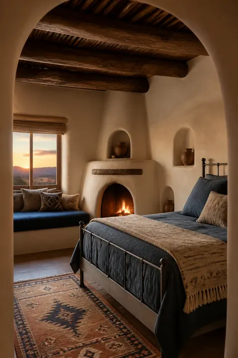 Adobe Desert Bedroom with a Kiva Fireplace