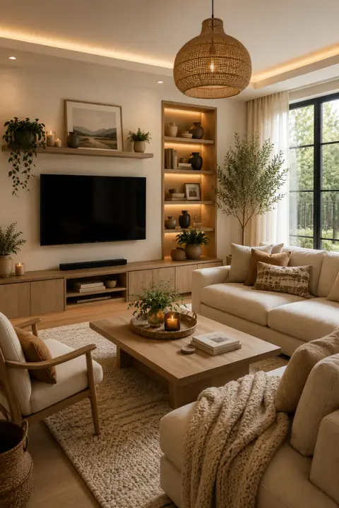 Scandinavian Living Room with Natural Wood