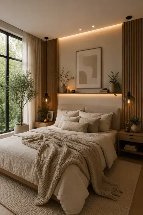 Warm Beige Bedroom With Wood Slat Walls and Soft Lighting