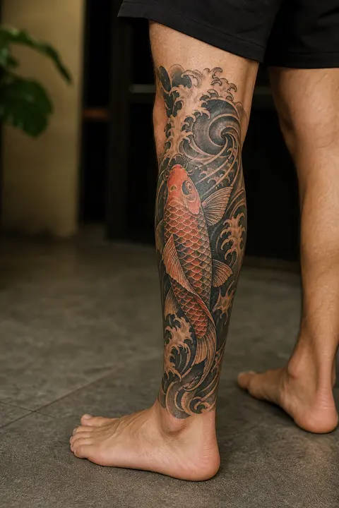 Japanese Koi and Waves Tattoo for Outer Calf Placement