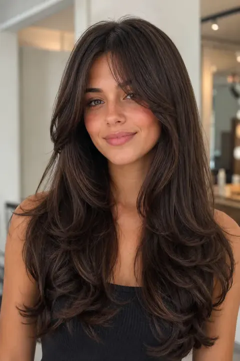 Voluminous Brunette Layers with Long Curtain Bangs