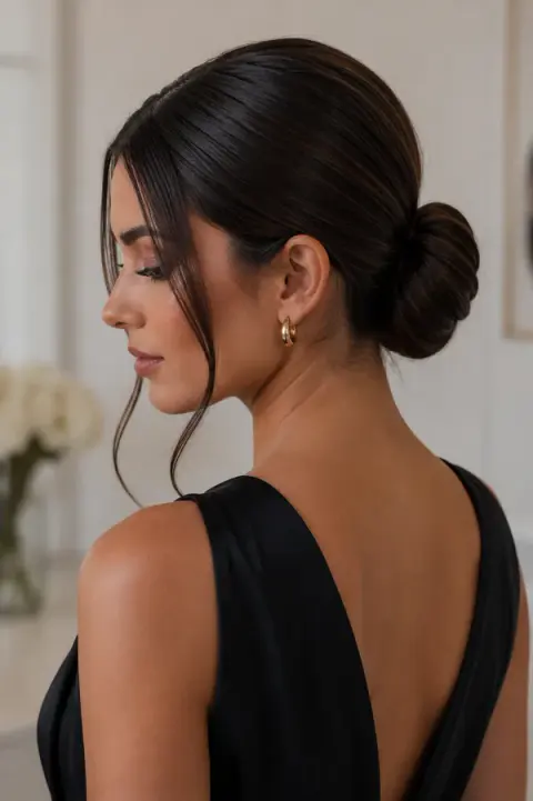 Sleek Low Bun Hairstyle for Brunette Wedding Guest