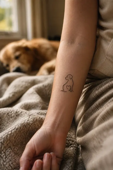 Tiny Sitting Dog Outline Tattoo