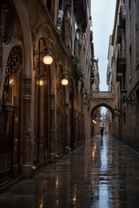 Barcelona Modernist Passage in Rainy Weather