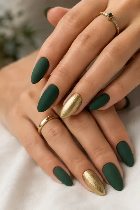 Matte Forest Green Nails with Brushed Gold Accent