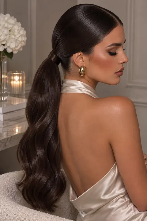 Sleek Low Ponytail with Glossy Brunette Hair