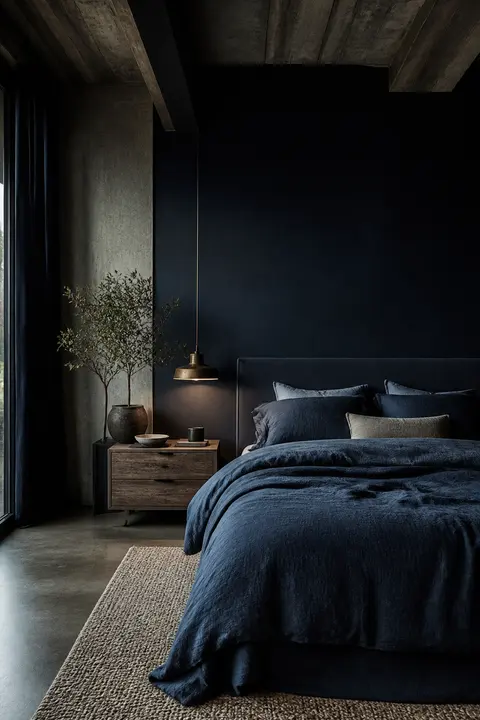 Moody Navy Bedroom: Linen Bedding and Rug