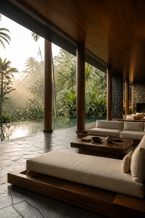 Tropical Modern Living Room by an Infinity Pool
