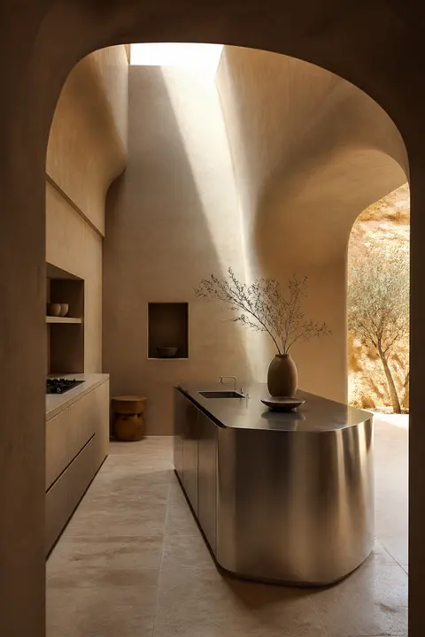 Sculptural Minimal Kitchen in Warm Plaster
