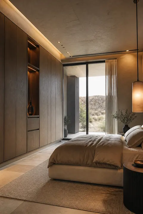 Desert Modern Bedroom Featuring Wardrobe and Ambient Light